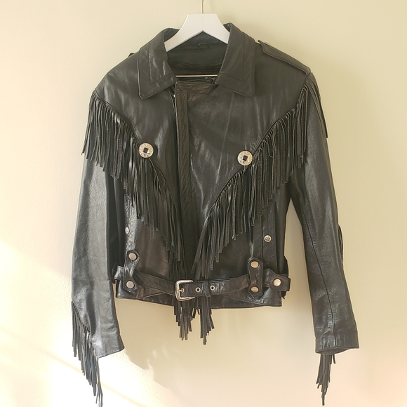 Wilsons Leather Jackets & Blazers - Vintage OPEN ROAD Black Leather Jacket w/ Fringe Details/Sleeves Wilson …